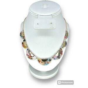 LOFT Multicolor Marbled Resin Geometric Shape Necklace Signed Over Gold Tone